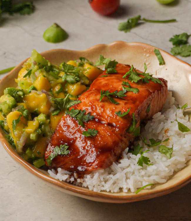 Orange Soy Glazed Salmon with Mango Avocado Salad