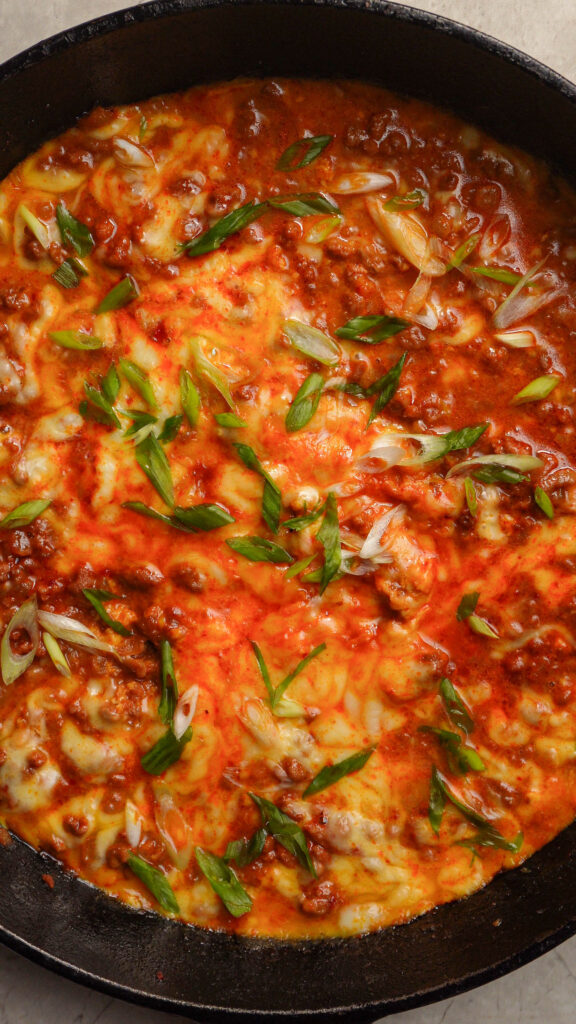 One Pan Cheesy Gochujang Beef & Egg Skillet