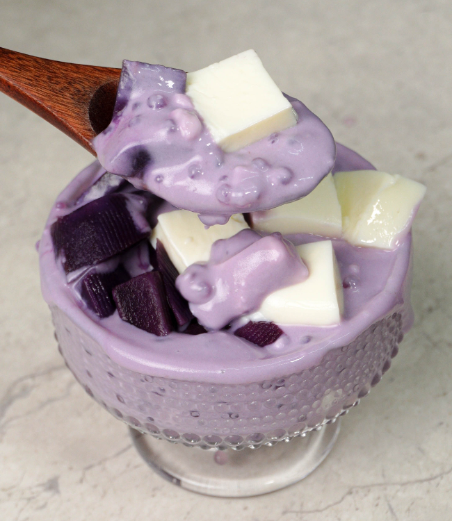 purple sweet potato sago with milk jelly